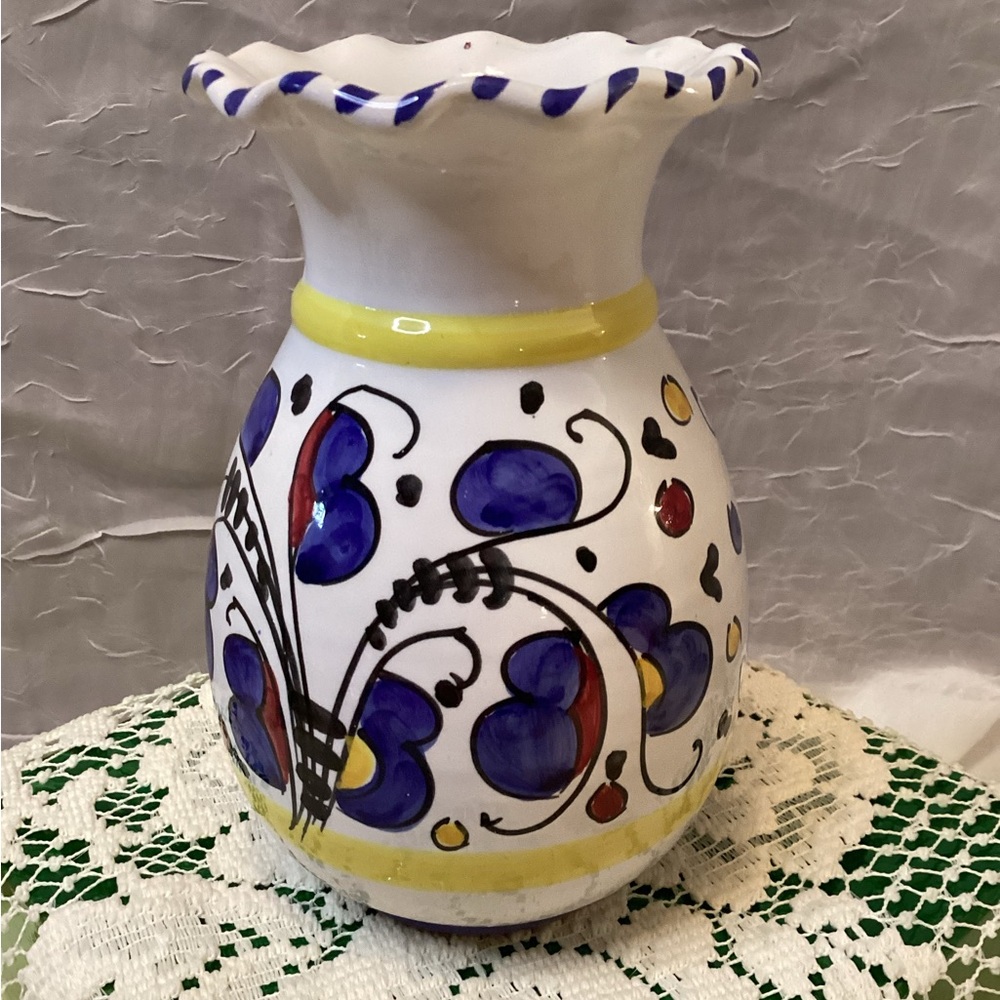 Deruta Italy Ceramic Pottery Vase Blue Butterflies & Flowers